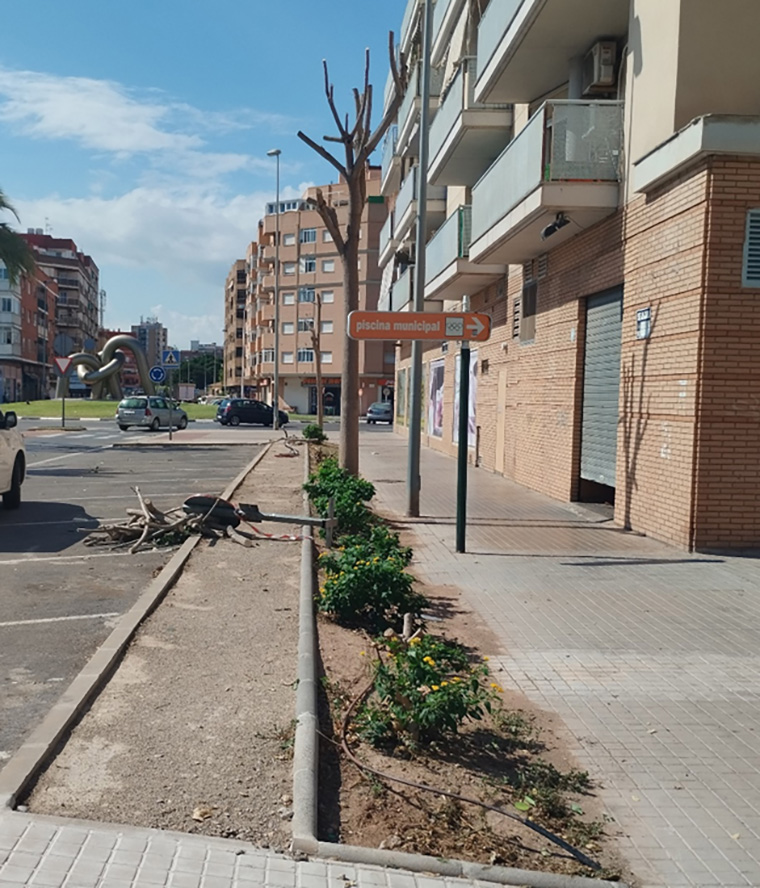 La calle Periodista Azzati se somete a trabajos de jardinería para mejorar la biodiversidad en la zona