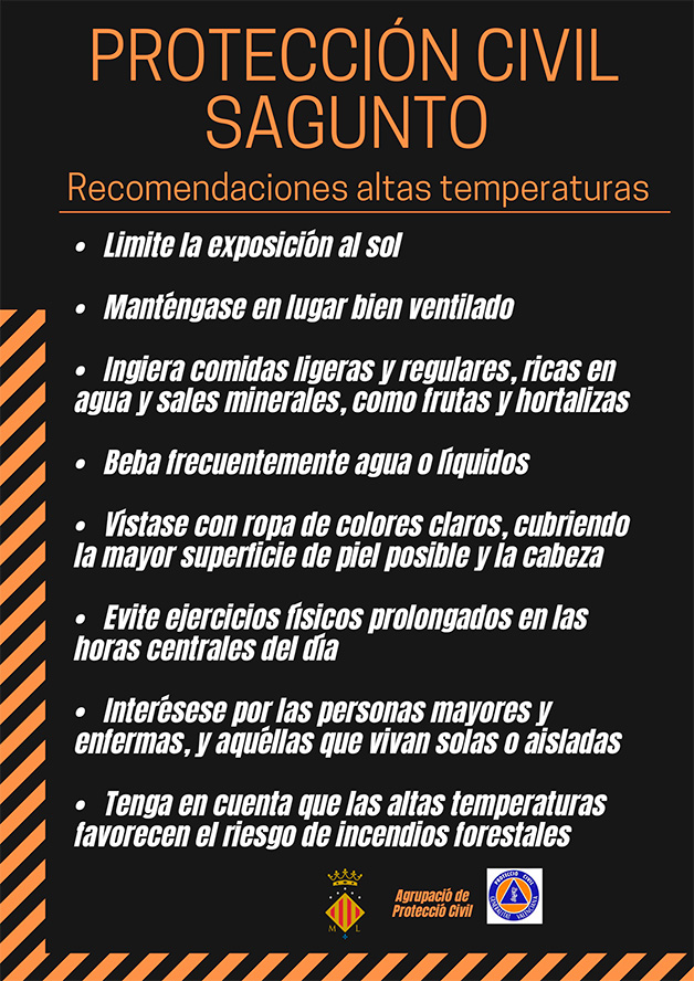 La delegación de Protección Civil del Ayuntamiento de Sagunto ofrece recomendaciones ante la ola de calor