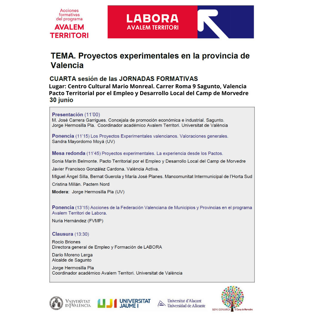 La cuarta sesión de las jornadas formativas sobre los ‘Proyectos experimentales en la provincia de Valencia’ tendrá lugar este jueves en el municipio